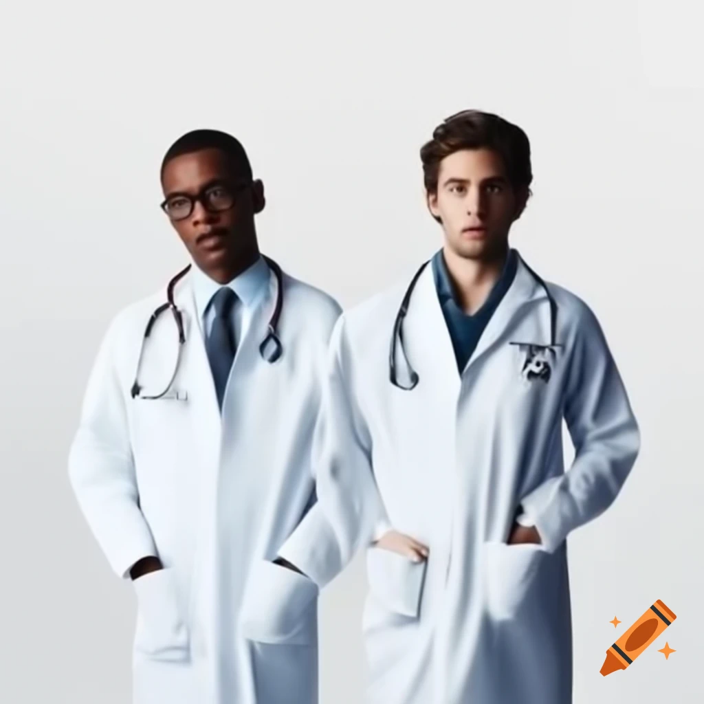Two individuals in lab coats and stethoscopes against white background