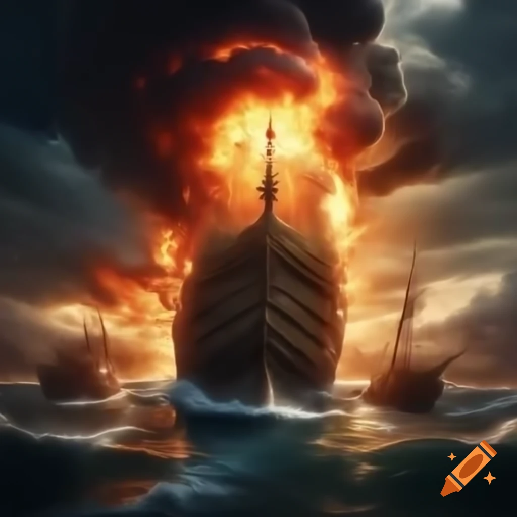 Byzantine warship with Greek fire in naval battle under sunlight