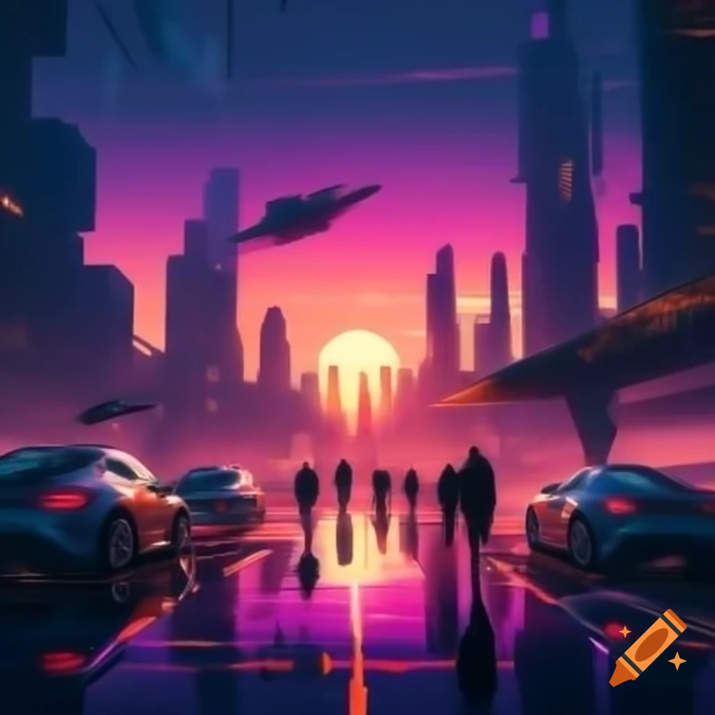 Futuristic city skyline at sunset with flying cars and neon lights on ...