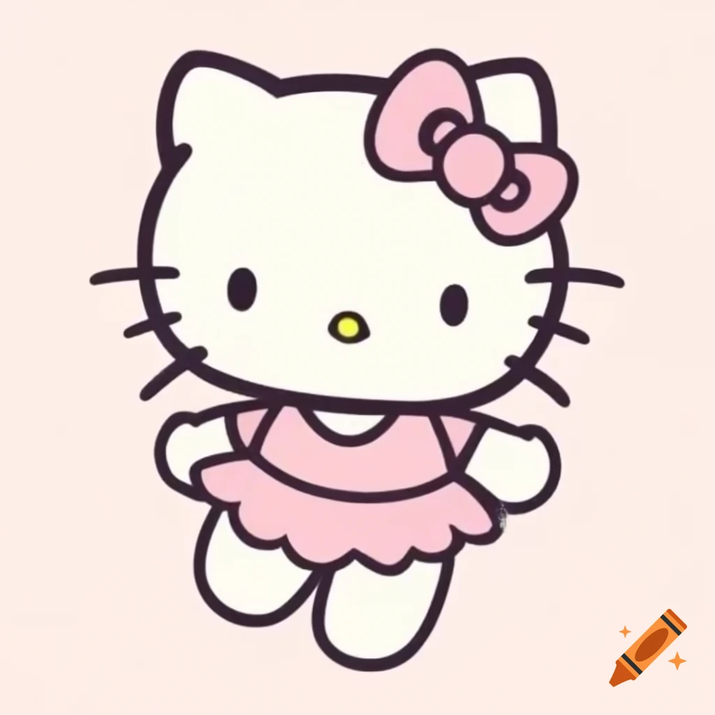 Hello Kitty with signature features wearing fluffy pink outfit