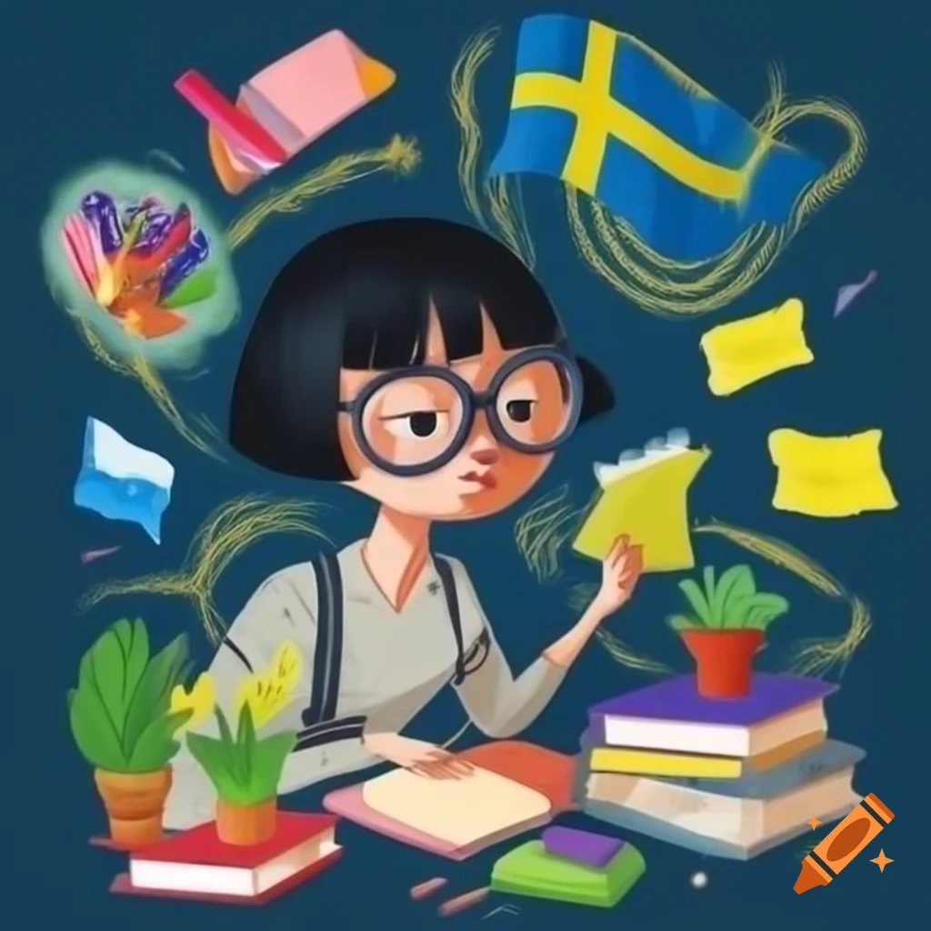 Creative workspace with serious woman, plants, books, rabbits, and colorful sticky notes featuring Swedish flag