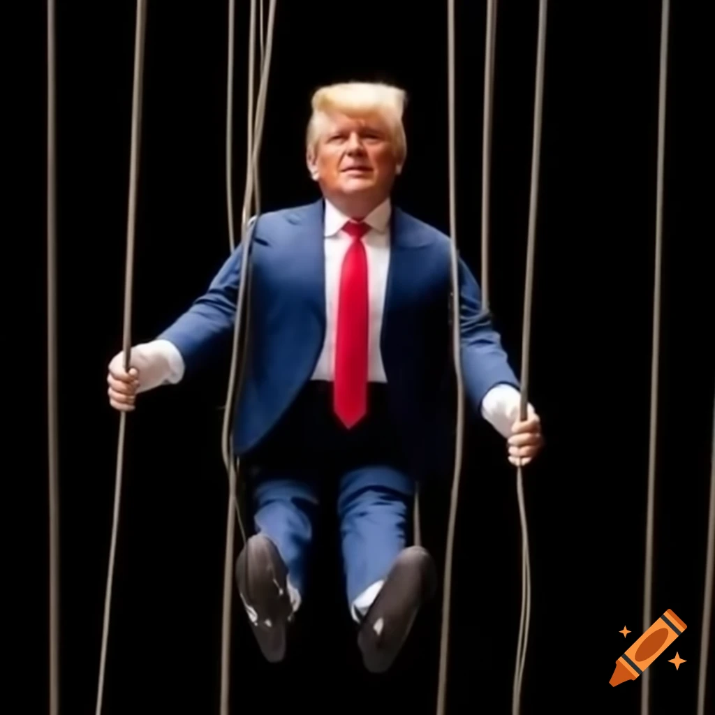 Obese puppet resembling Donald Trump on strings