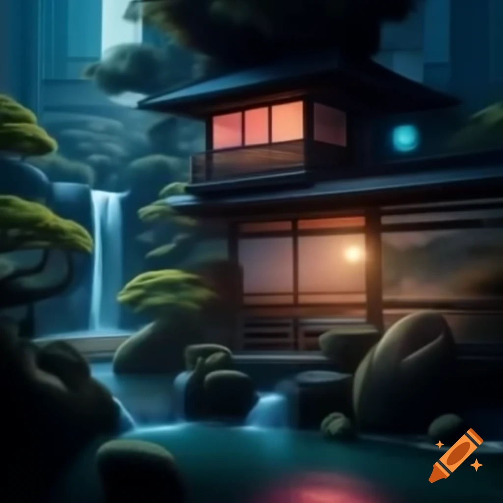 Downtown urban skyscraper with traditional Japanese Onsen at the penthouse