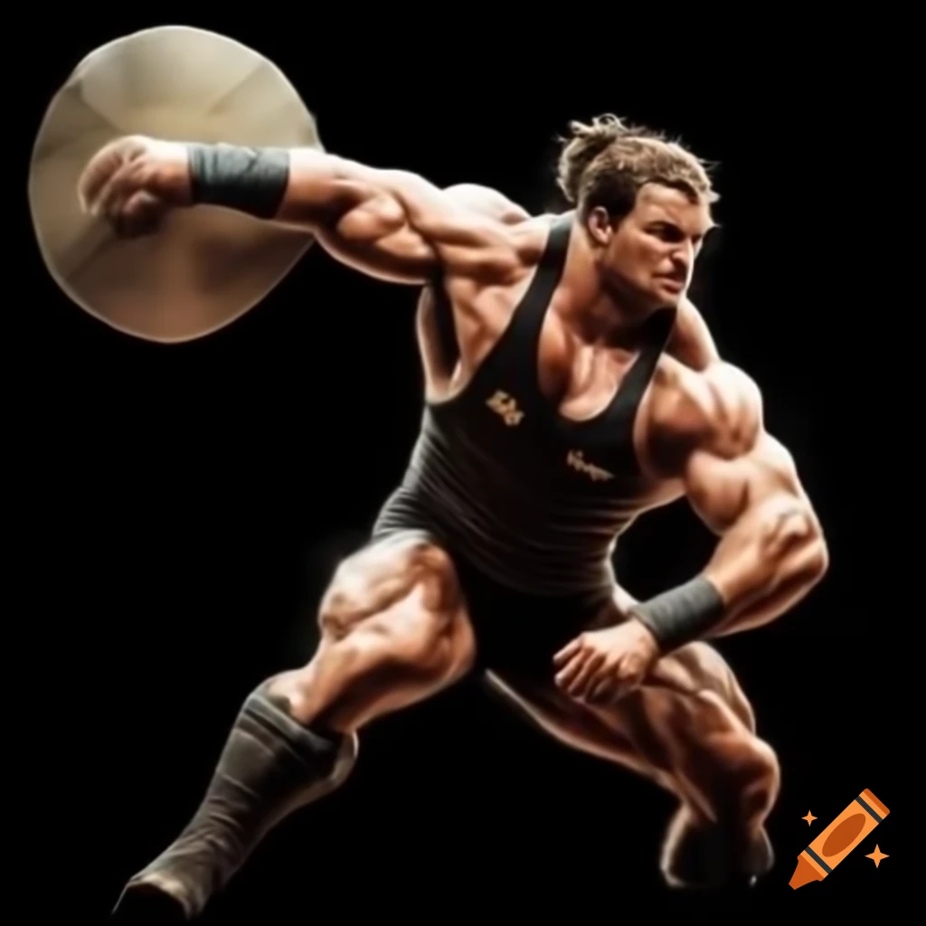 Muscular discus thrower in comic book style dramatically hurling cymbal