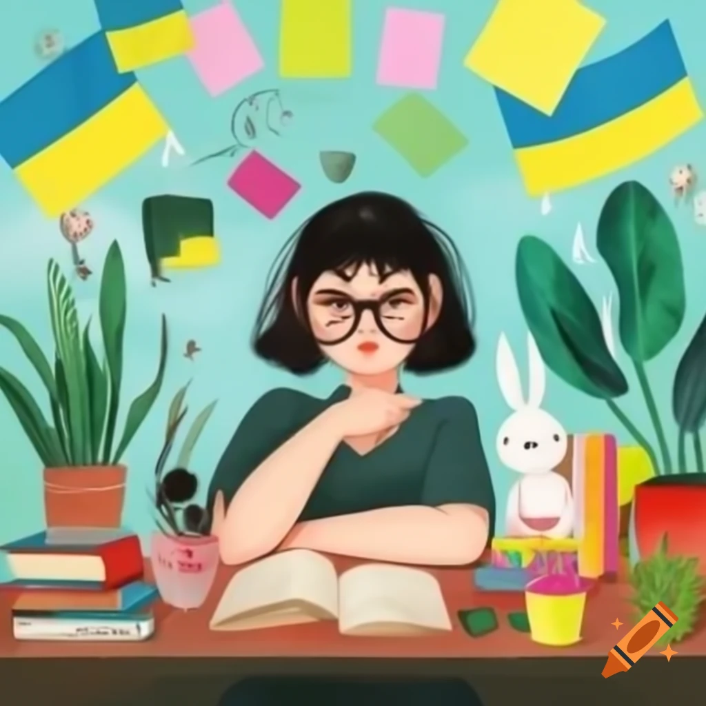 Woman with glasses surrounded by plants, books, rabbits, and colorful sticky notes at a table with Swedish flag