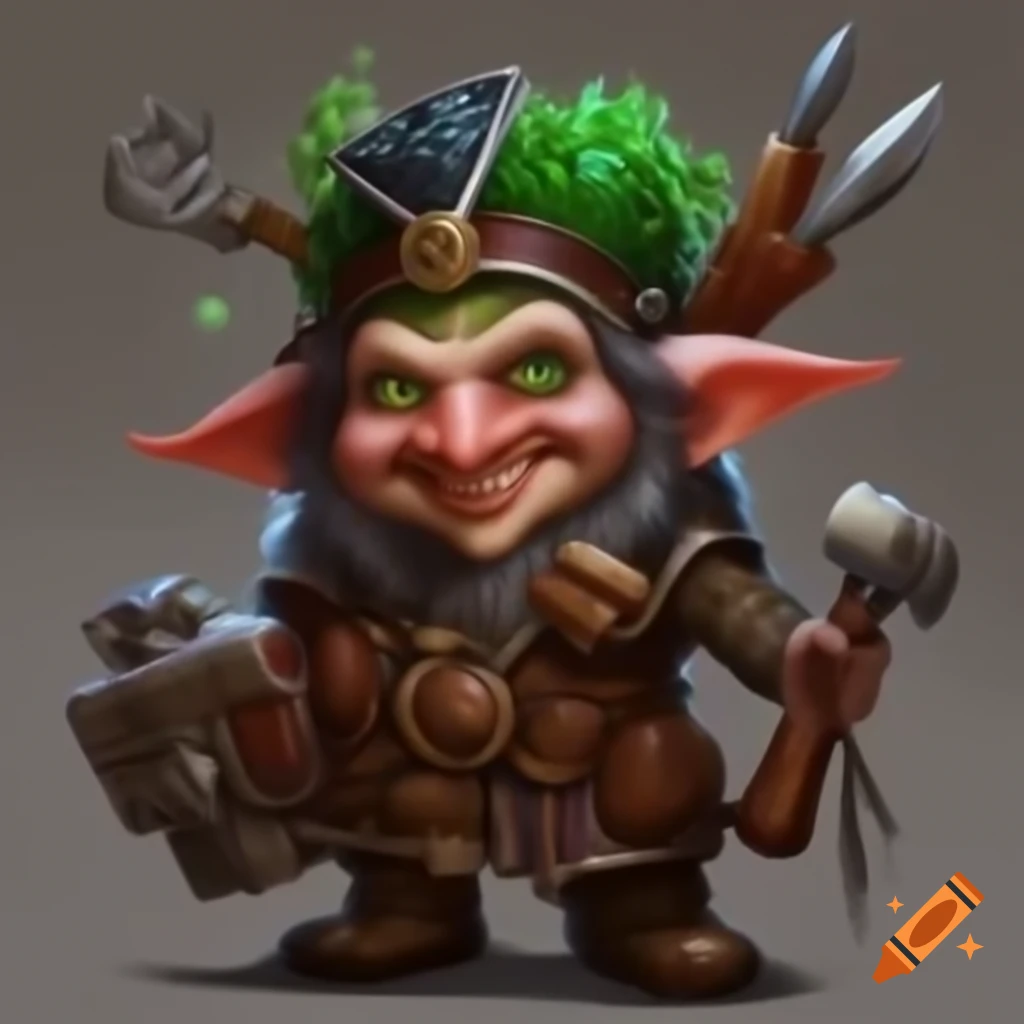 Clever gnome artificer with gadgets and playful expression