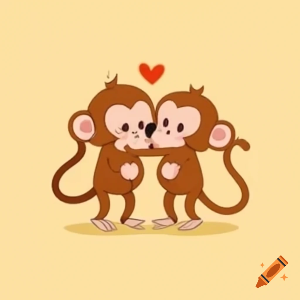 Two little monkeys sharing a kiss in a drawing style