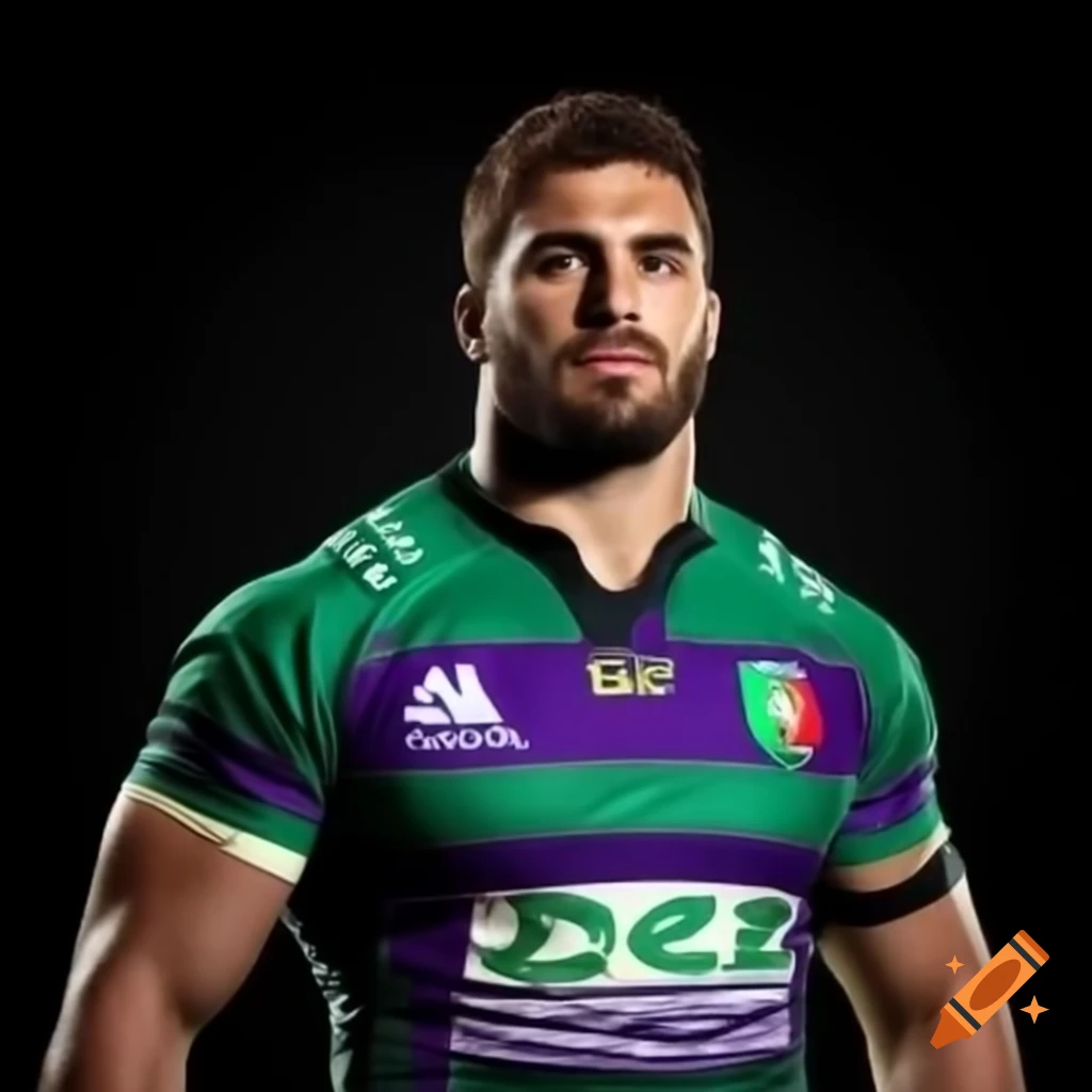 Beefy Italian male rugby player in green and purple jersey