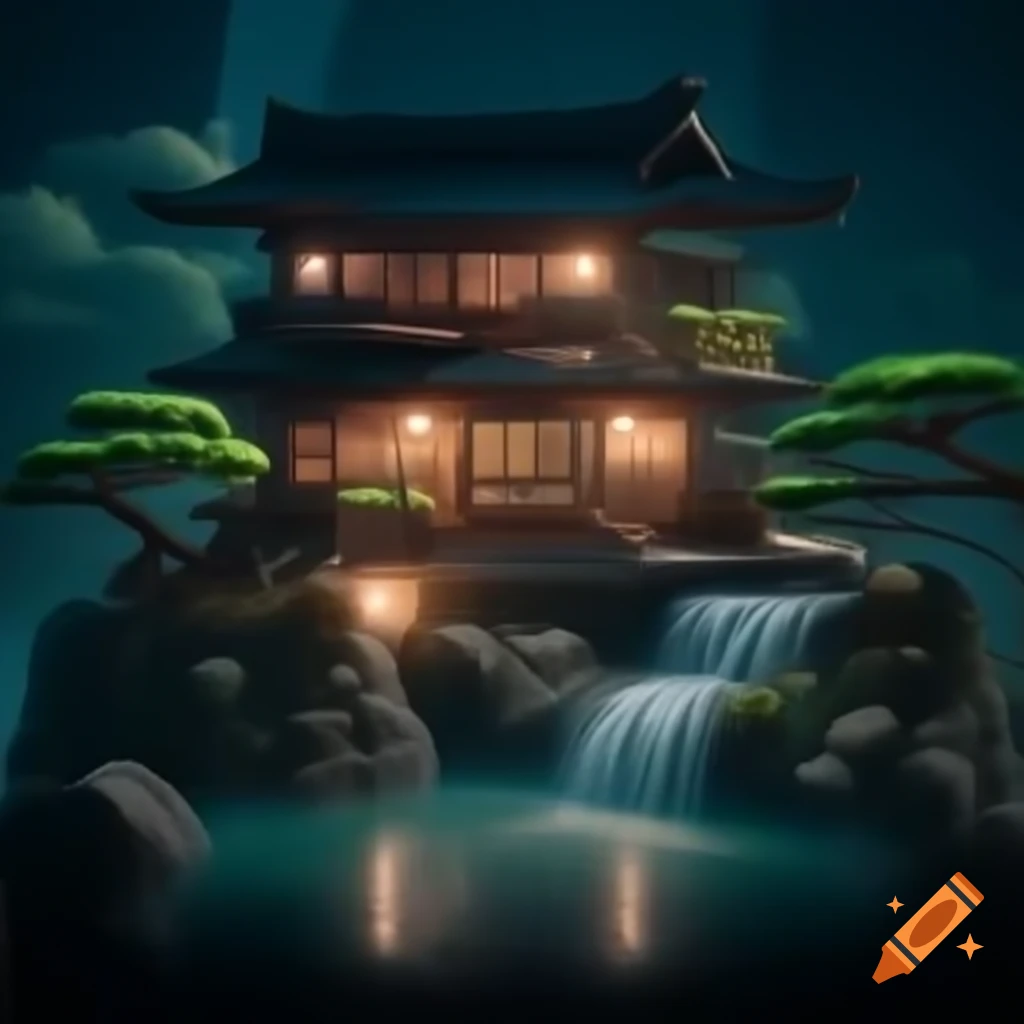 Downtown urban skyscraper with traditional Japanese Onsen at the penthouse