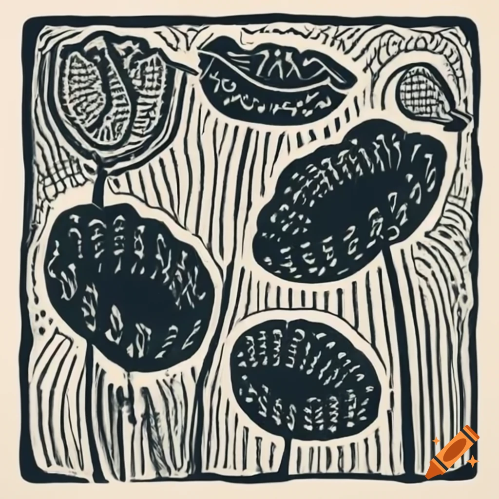 Simple lino print design of a lotus plant suitable for beginners