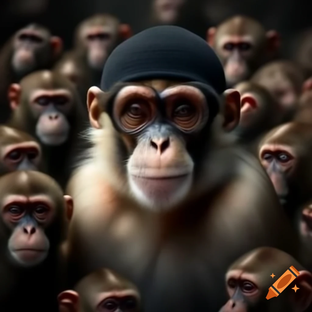 Monkey wearing black beanie and shades among many other monkeys