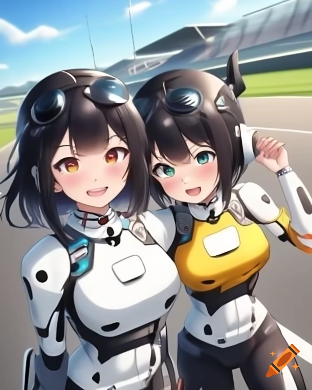 Cheerful anime robot women with helmets and racecar bodies on racetrack ...