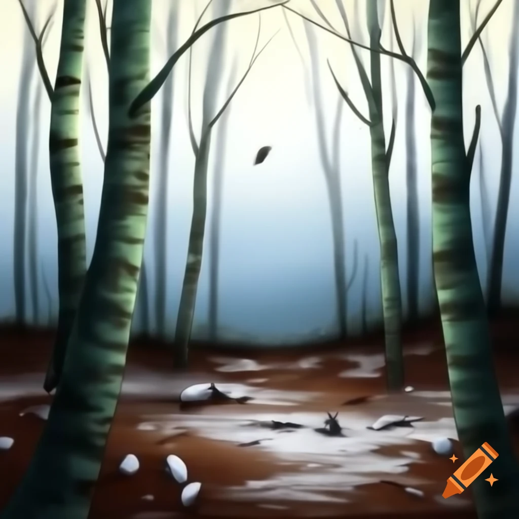 Edge of forest in early spring with tall leafless trees and melting snow