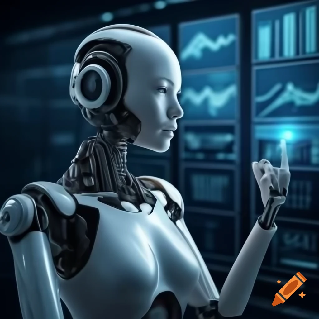 Humanoid chatbot engaging with user, featuring recommendation panels and predictive analytics visuals on Craiyon