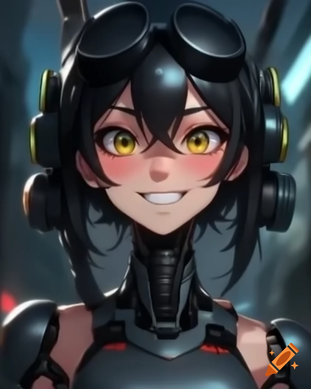 Cheerful anime robot woman with black hair and metal face mask on Craiyon