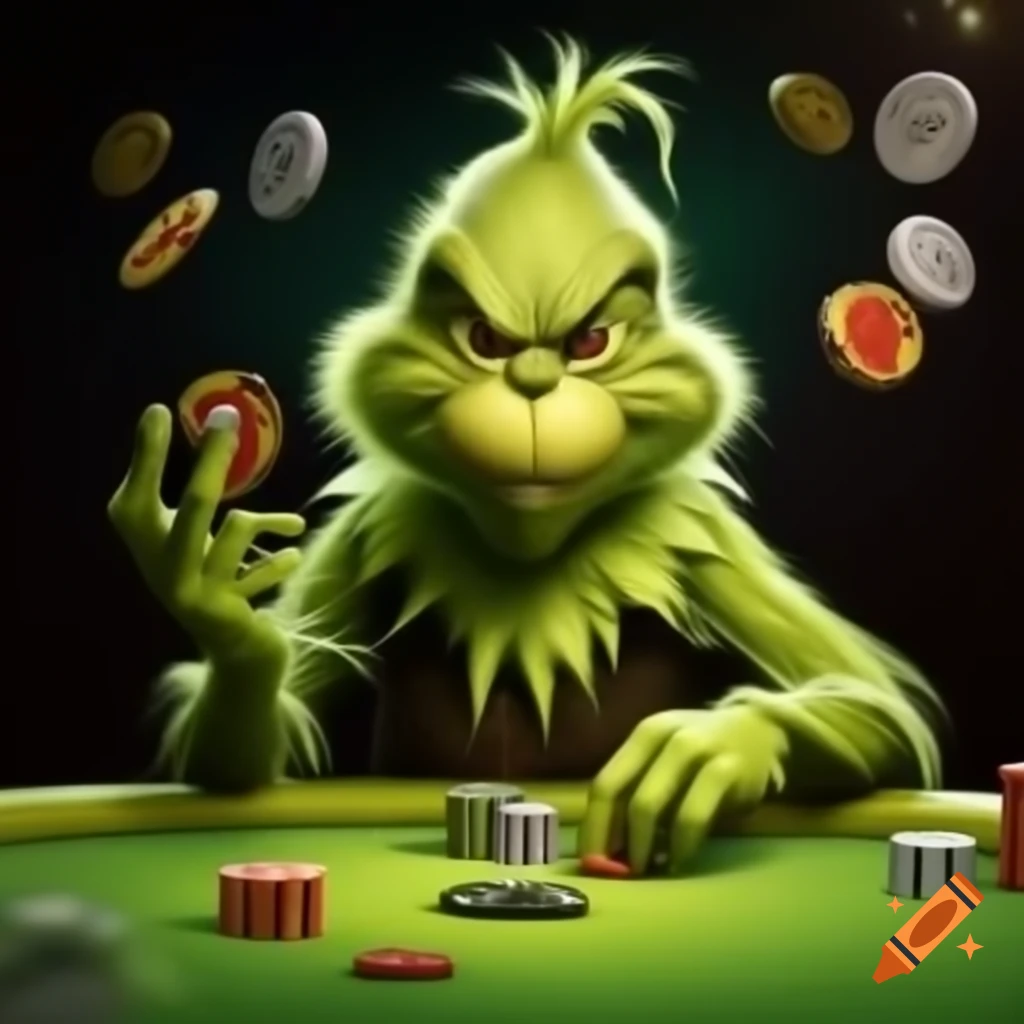The Grinch playing poker with cryptocurrency coins on Craiyon