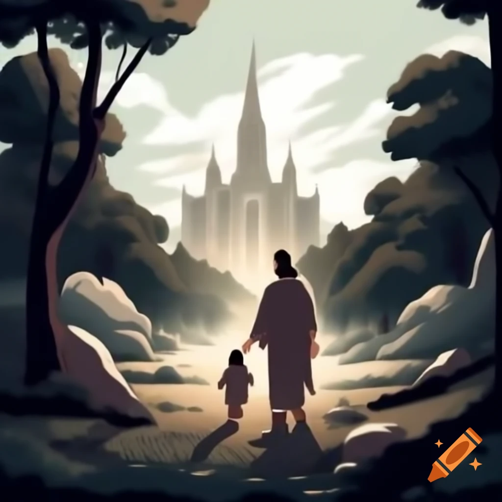 Jesus walking with child through forest towards Salt Lake City Mormon ...