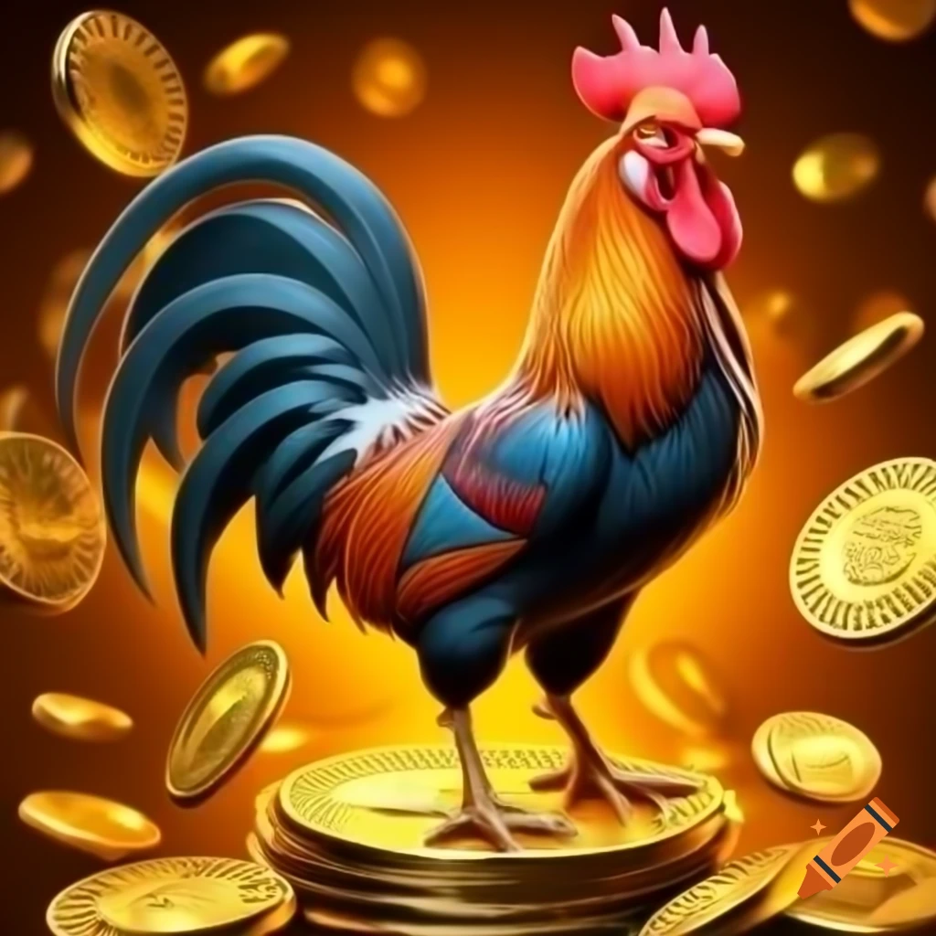 Colorful rooster with cryptocurrency symbols on Craiyon