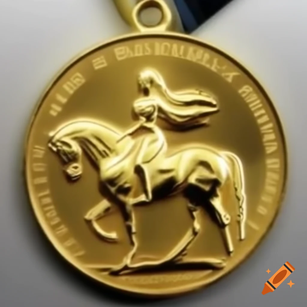 Gold medal featuring girl with long hair on horseback