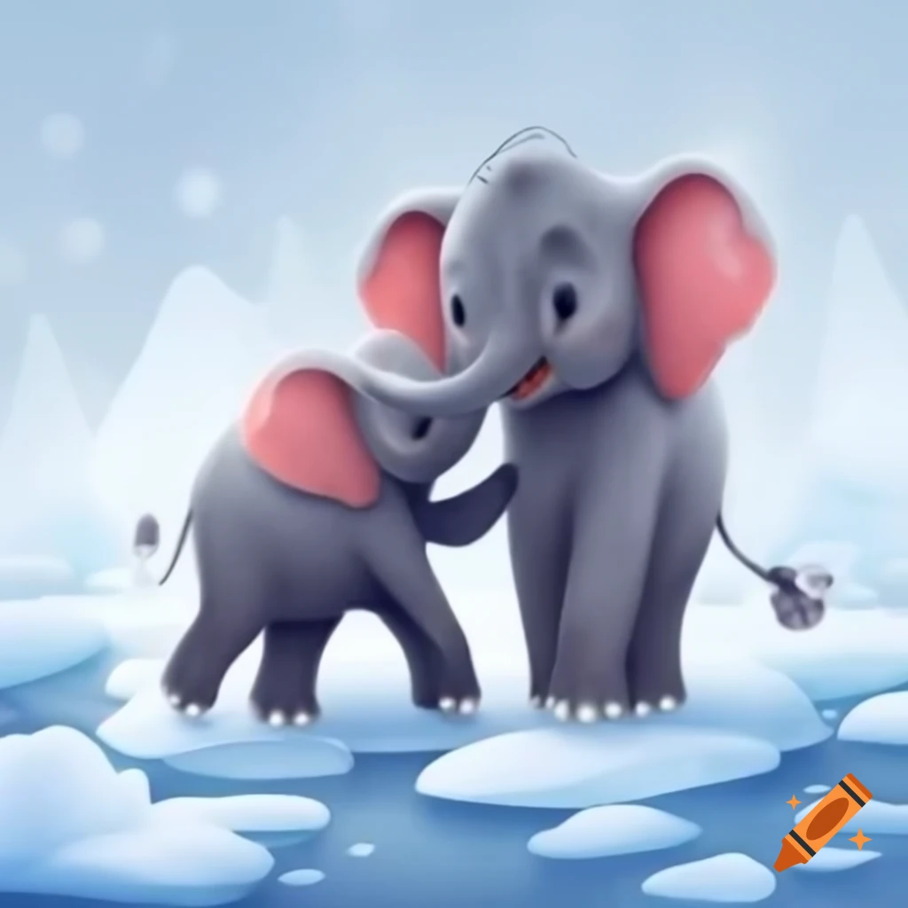 Baby elephant playing in snow with mother