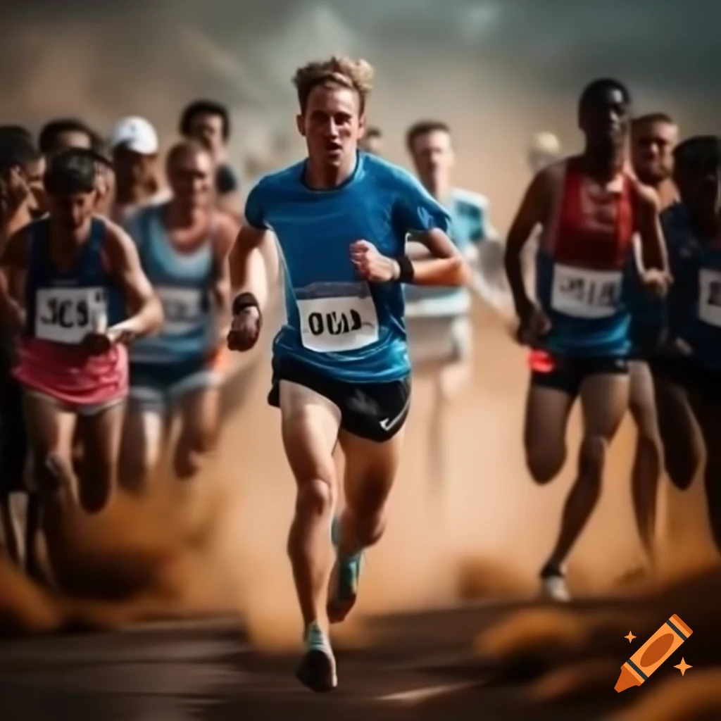Energetic male runner crossing finish line in bright blue shirt