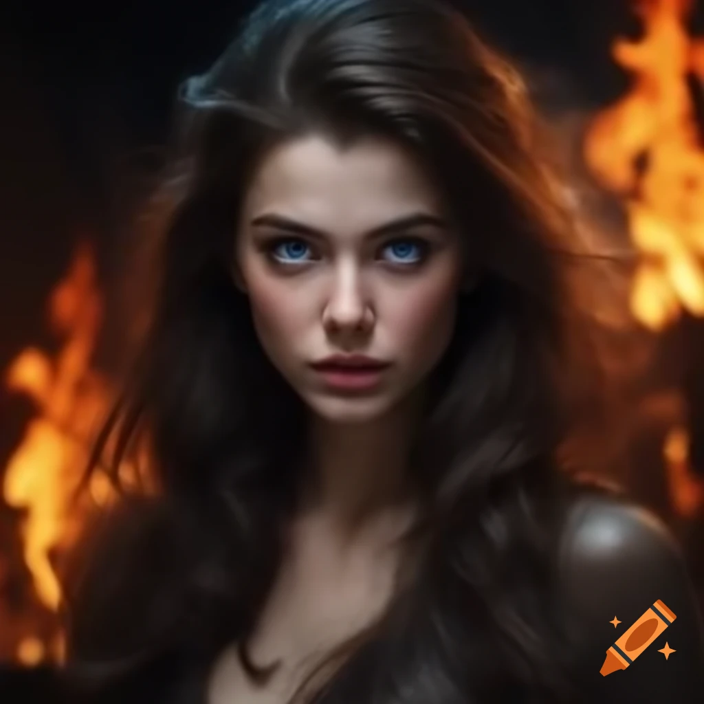 Striking young woman with blue eyes and wavy brown hair in dark setting ...
