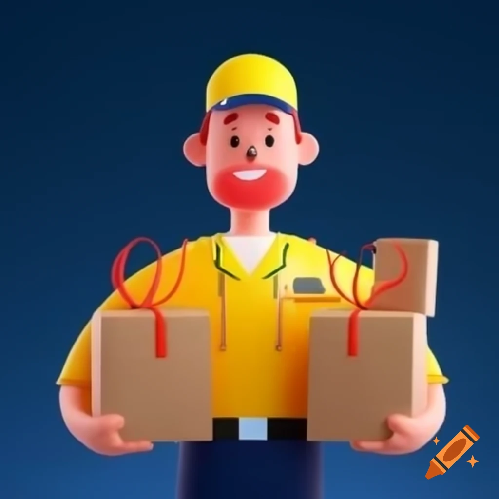 Smiling postal courier in yellow uniform holding package