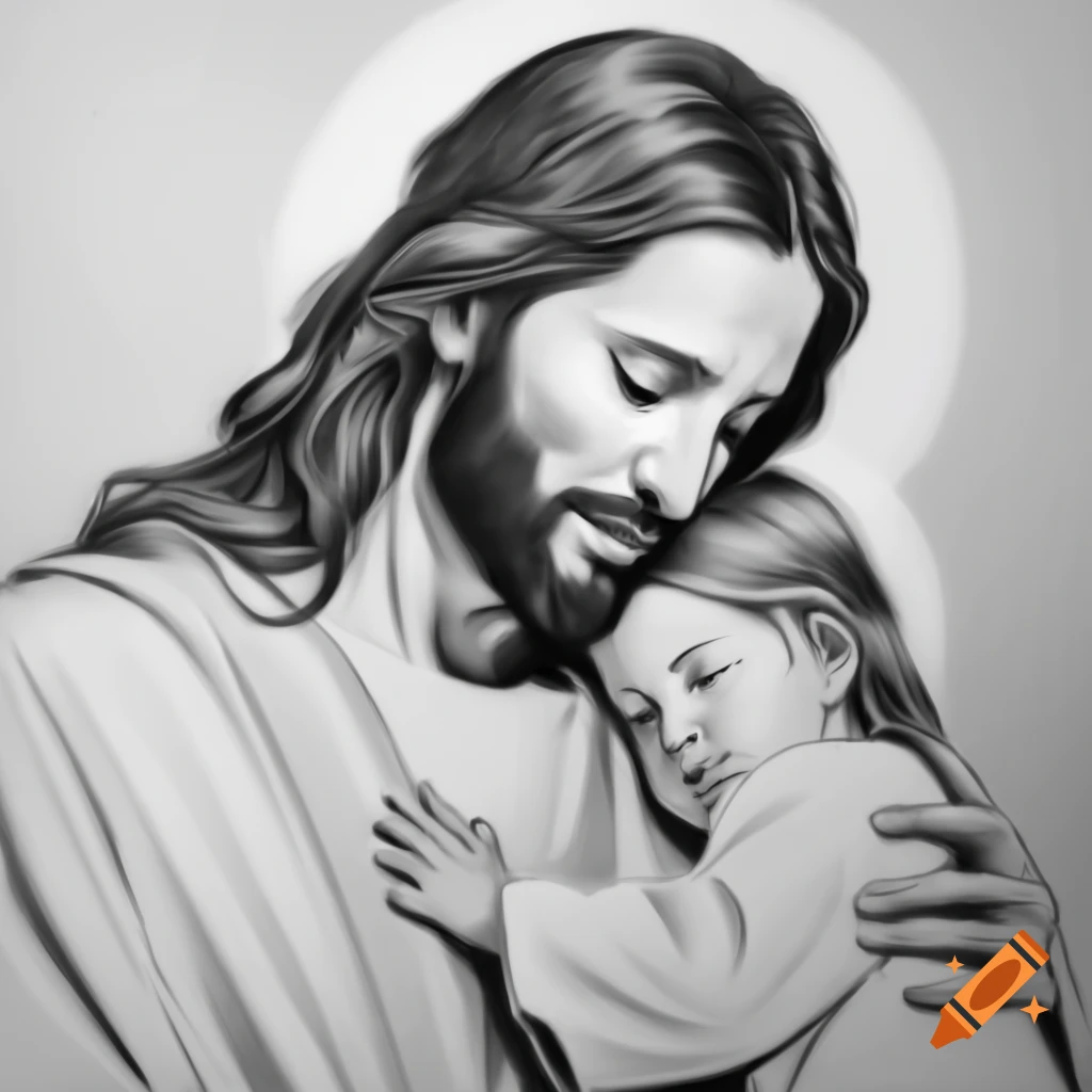 Charcoal drawing of Jesus holding a daughter
