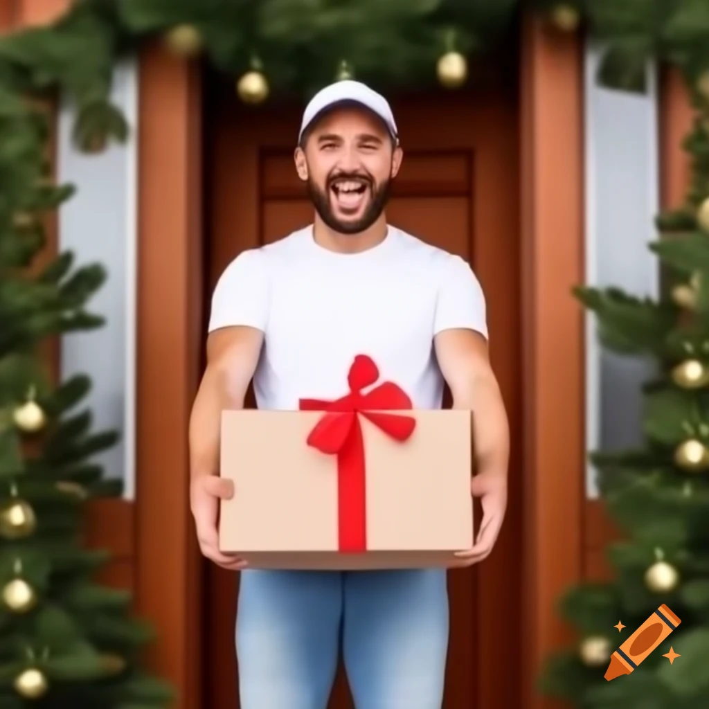 Happy delivery person in white t-shirt with box on Christmas day at doorstep