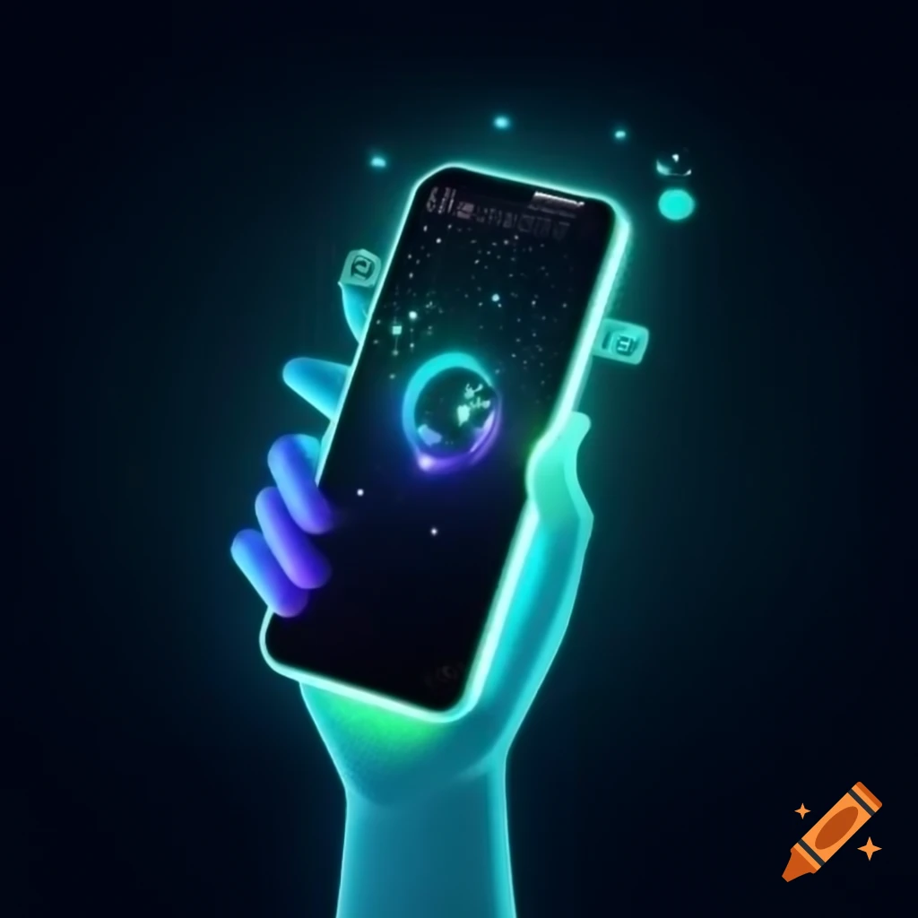 Futuristic smartphone displaying glowing holographic interface and digital data streams