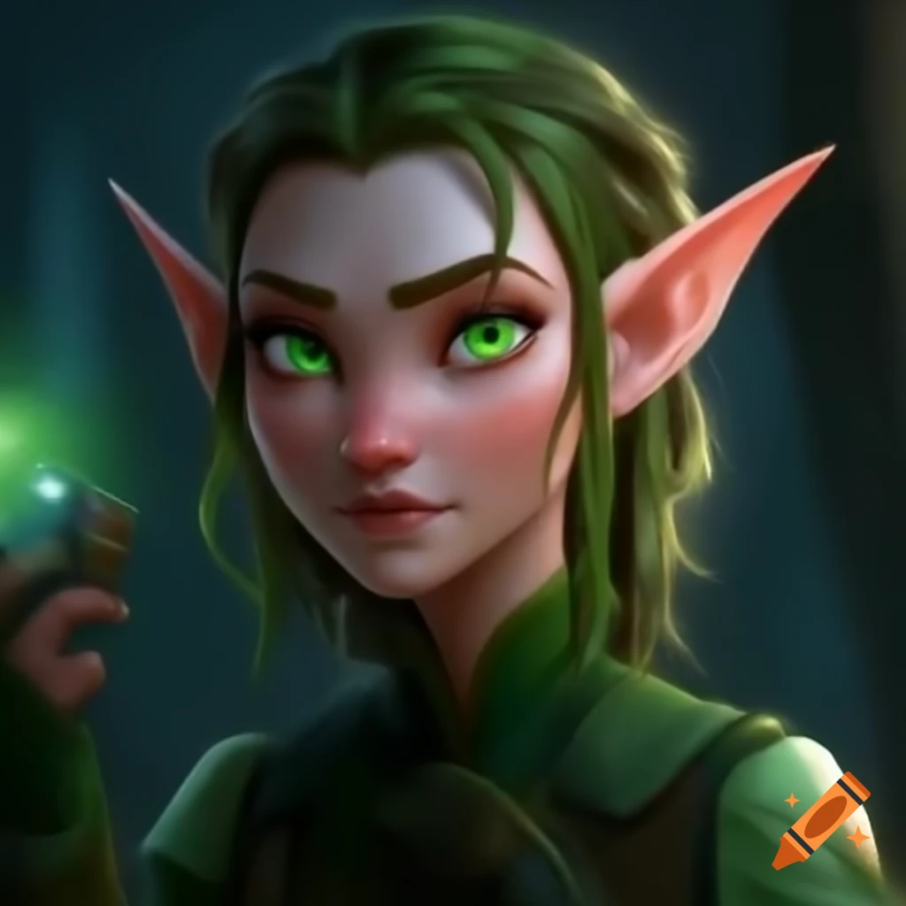 Female elf with green eyes in police dispatcher role