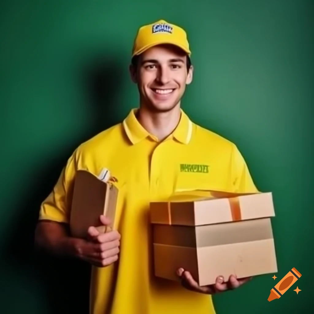 Young postal courier smiling in yellow outfit holding package