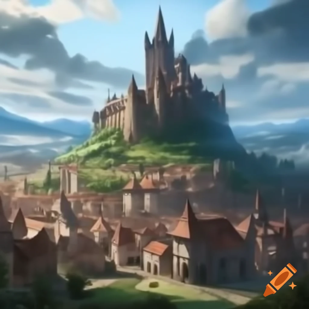 Medieval city featuring a large castle atop a hill on Craiyon