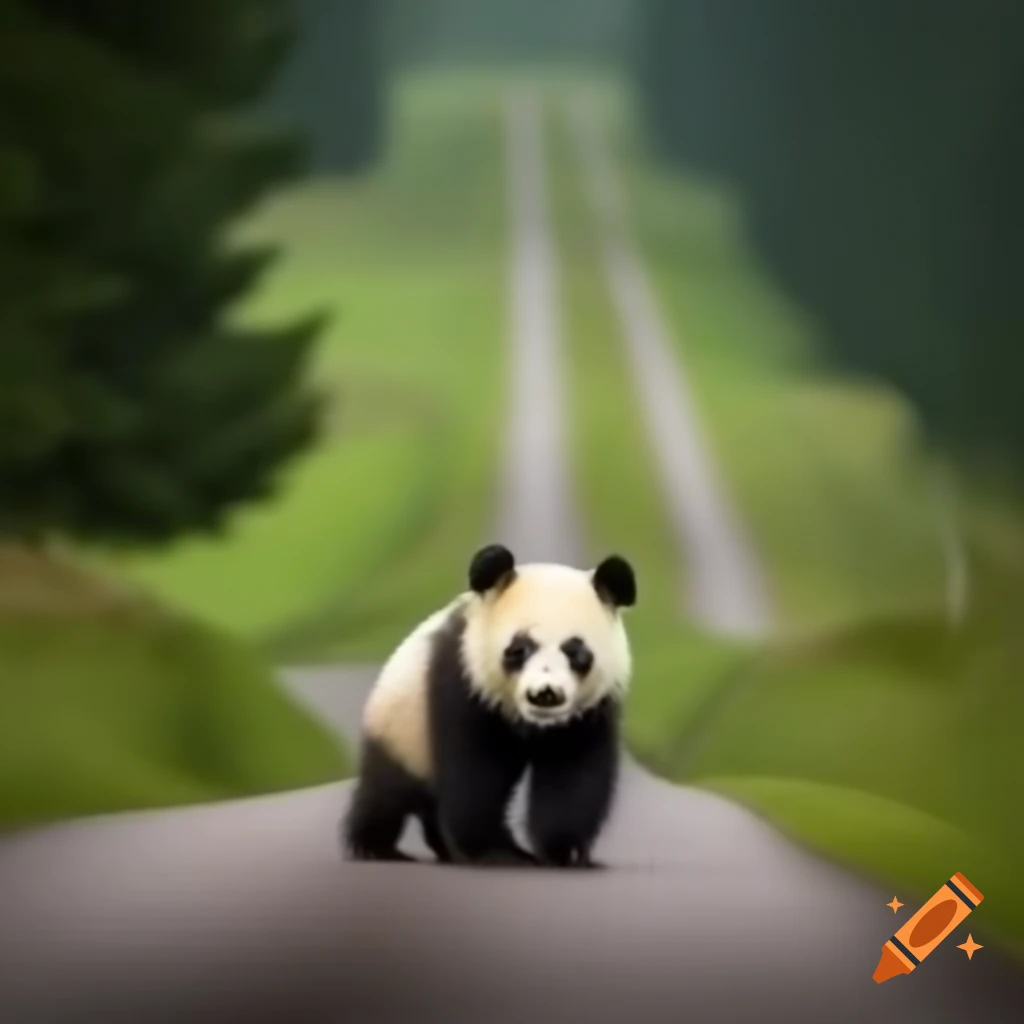 Lone panda cub wandering along country road, looking for home