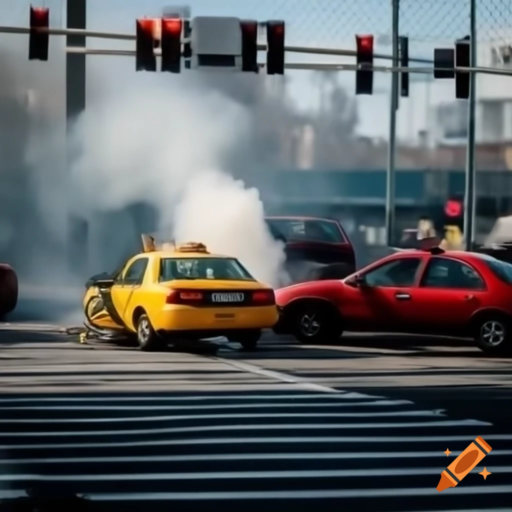 Yellow taxi and red car crash at intersection with smoke from engines