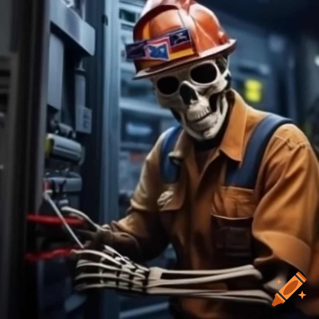 Skeleton electrician with American flag bandana working on electrical systems