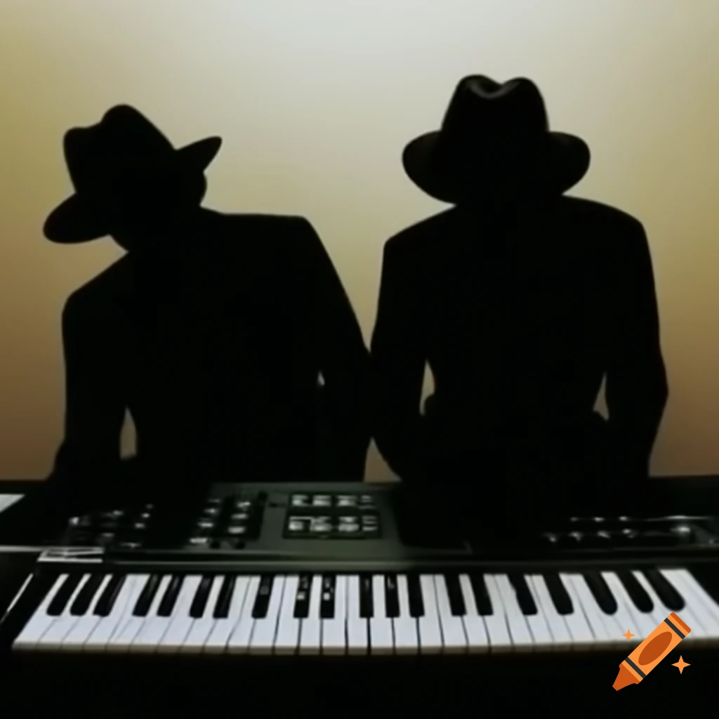 Silhouettes of two men in hats playing synthesizer on Craiyon
