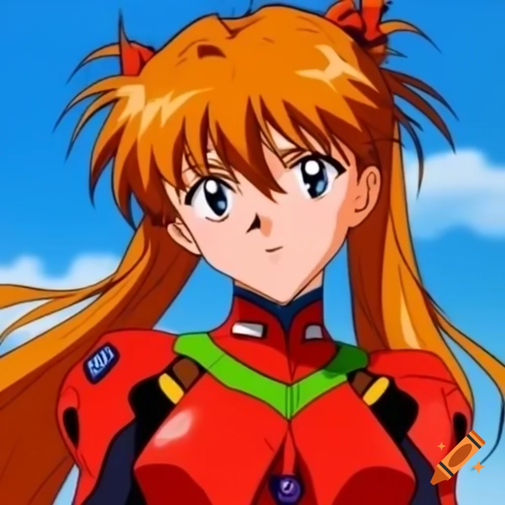Asuka Langley Soryu in red plugsuit with smug expression against blue sky, Neon Genesis Evangelion art style