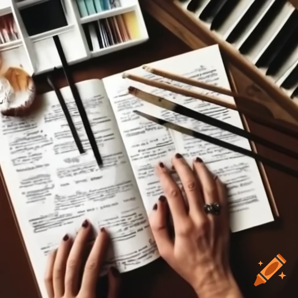 Artistic hands made of brushes and pens playing piano