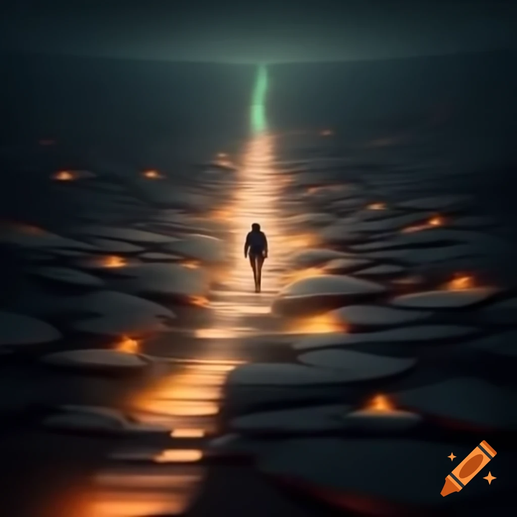 Person walking on glowing stone path symbolizing progress