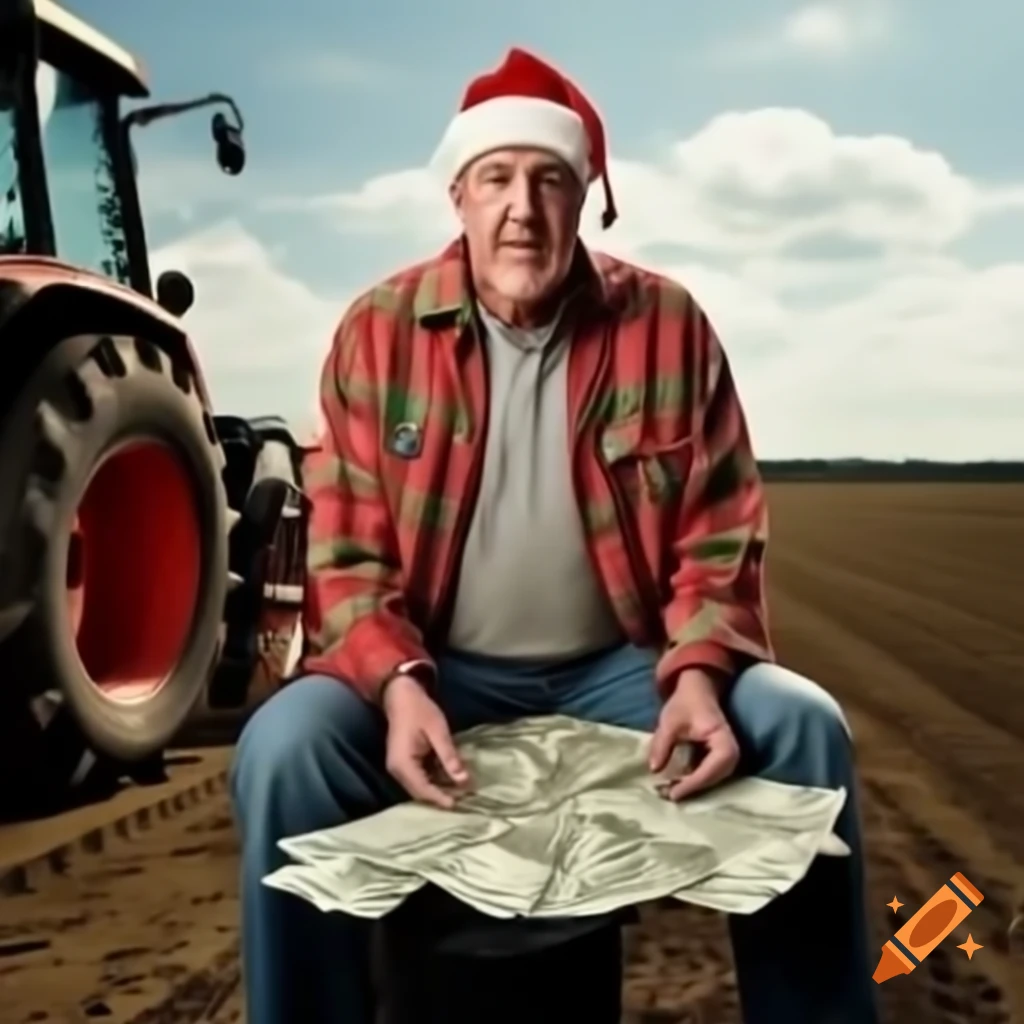 Jeremy Clarkson in farmer's smock and Santa hat on tractor ploughing field of money