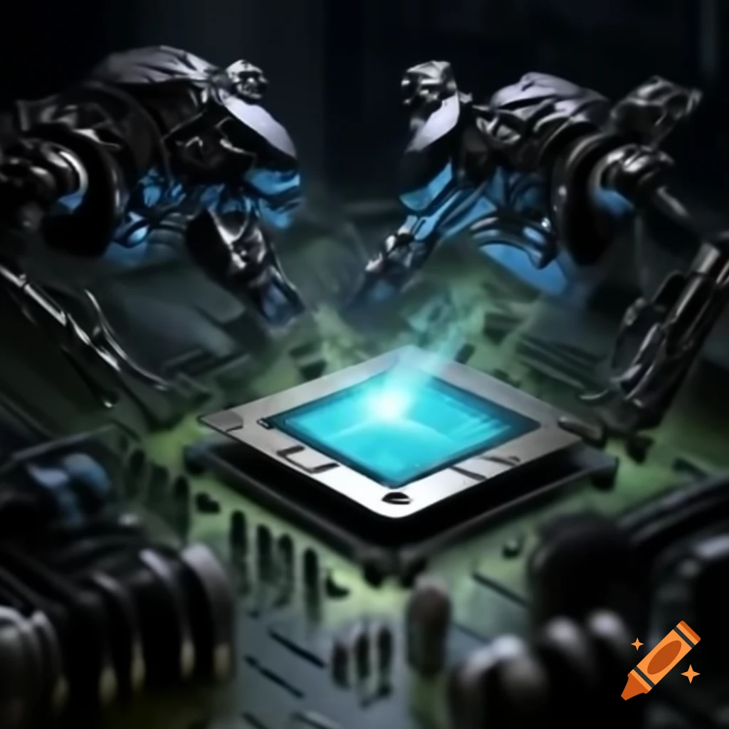 Black robotic creatures attacking inside a computer with sparks on Craiyon