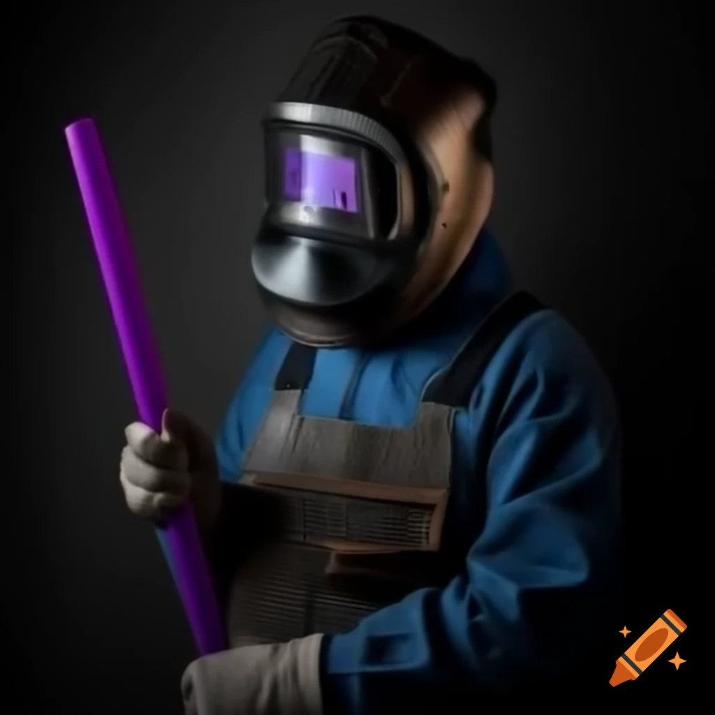 Welder wearing mask holding purple welding stick