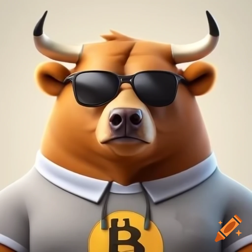 Cartoon bear character Bobo transformed into bull with sunglasses and grey  TA Pro shirt on Craiyon