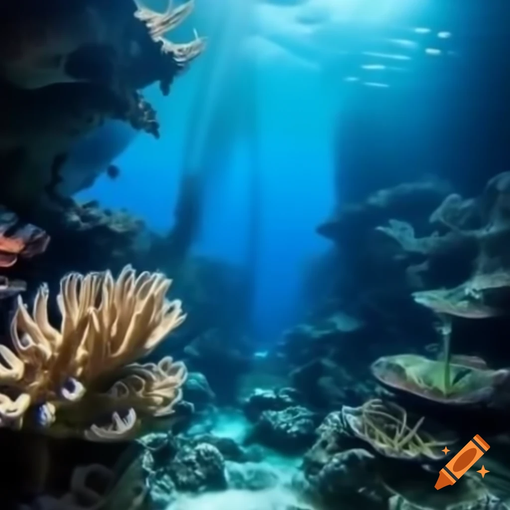 Underwater coral reef with tropical fish and sunlight filtering through water