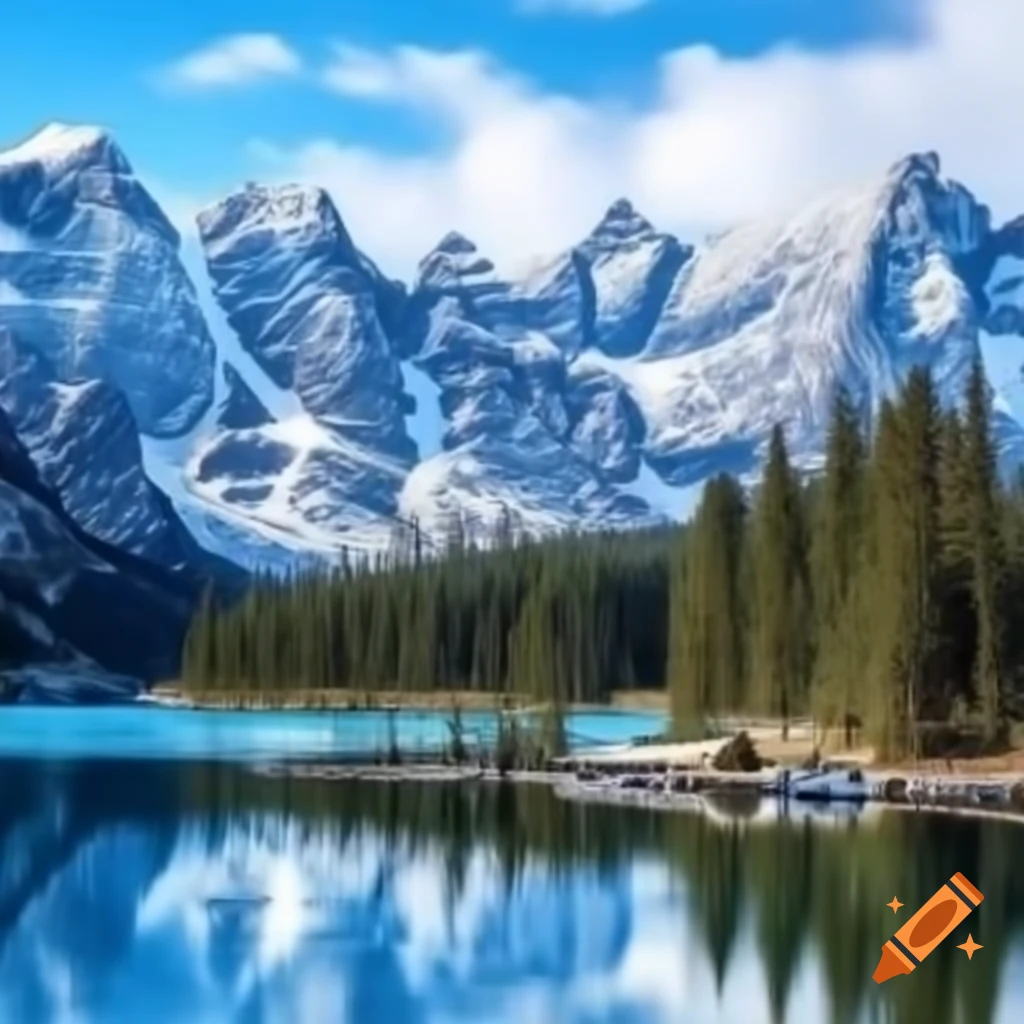 Snowy mountains with trees and lake, featuring wolves on Craiyon