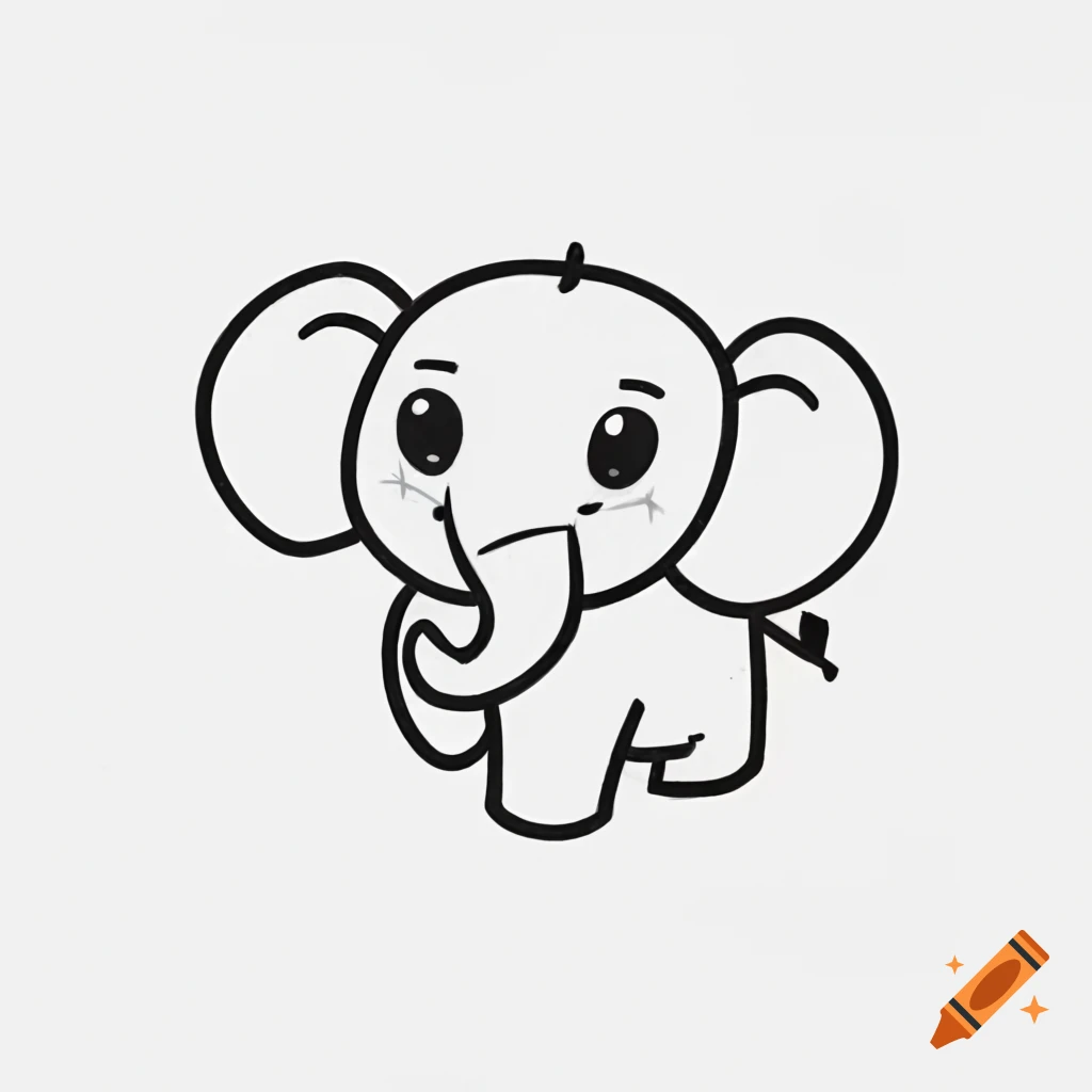Cute baby elephant black and white line drawing