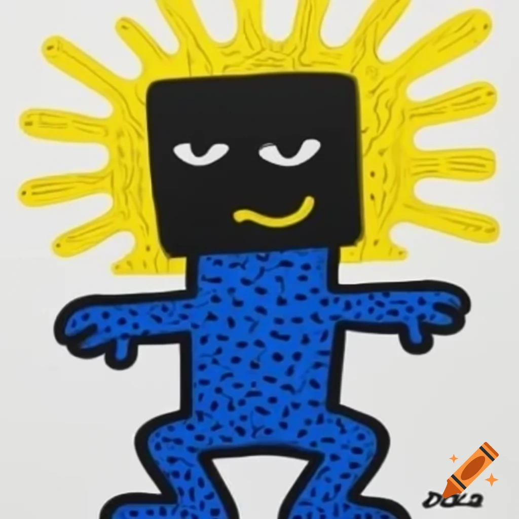 Cartoon character in black mask with vibrant colors, inspired by Keith Haring