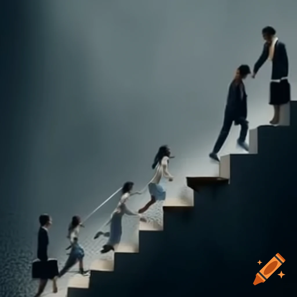 Illustration of person climbing stairs, falling, and persevering to reach the top
