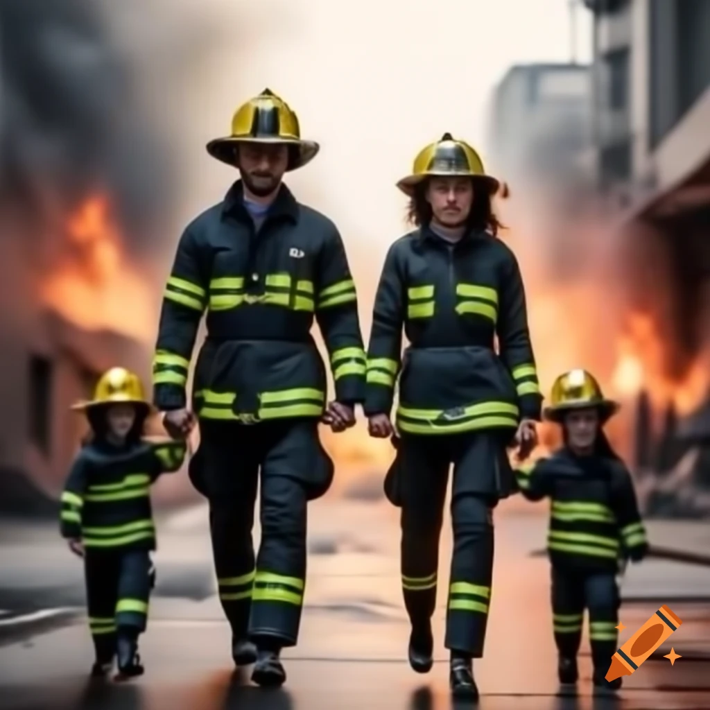 Family in fire suits approach a fire scene